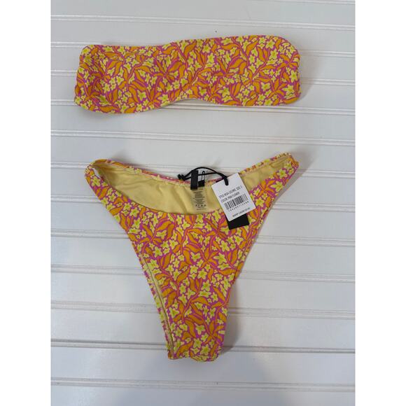 NWT KENDALL+KYLIE  Yellow Pink Flower Bandeau Bikini Swimsuit Coverup Set Sz S - Picture 2 of 5